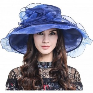 Sun Hats Ladies Kentucky Derby Church Hat Wide Brim Leaf Flower Bridal Dress Hat s037 - Ruffle-navy - CF17YIZK4KS $19.00