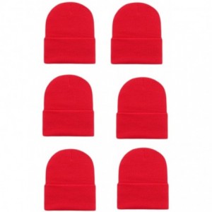 Skullies & Beanies Wholesale 6 PCS Unisex Knit Long Cuff Ski Solid Plain Beanie Cap - Red - CD12MZ0BJW5 $11.92