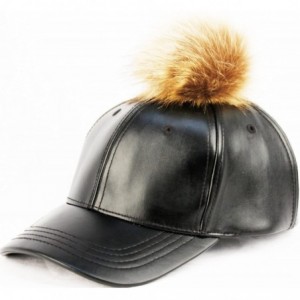 Baseball Caps Faux Leather 6 Panel Pom Pom Baseball Cap - Black/Brown - CW12BUS6W59 $19.64