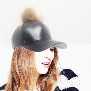 Baseball Caps Faux Leather 6 Panel Pom Pom Baseball Cap - Black/Brown - CW12BUS6W59 $19.64