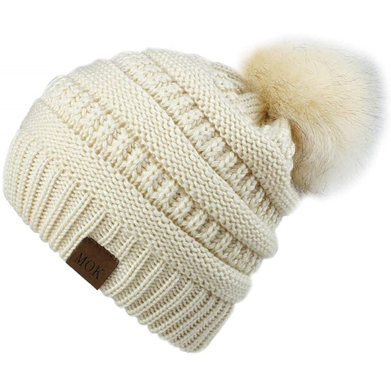 Skullies & Beanies Soft Winter Slouchy Beanie Cap for Women Chunky&Warm Cable Knit Ski Cap with Pom Pom.- Beige - CK18Z729E8K...