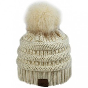 Skullies & Beanies Soft Winter Slouchy Beanie Cap for Women Chunky&Warm Cable Knit Ski Cap with Pom Pom.- Beige - CK18Z729E8K...