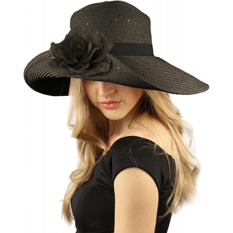 Sun Hats Dressy Flip Up Sequins Removable Flower Brooch Floppy Summer Derby Sun Hat - Black - CN12DZX15CR $21.93