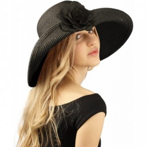 Sun Hats Dressy Flip Up Sequins Removable Flower Brooch Floppy Summer Derby Sun Hat - Black - CN12DZX15CR $21.93