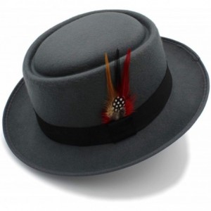 Fedoras Fashion Men Pork Pie Hat Wool Flat Fedora Hat Gentleman Panama Trilby Hat with Fashion Feather - Gray - C918N0NKWWD $...