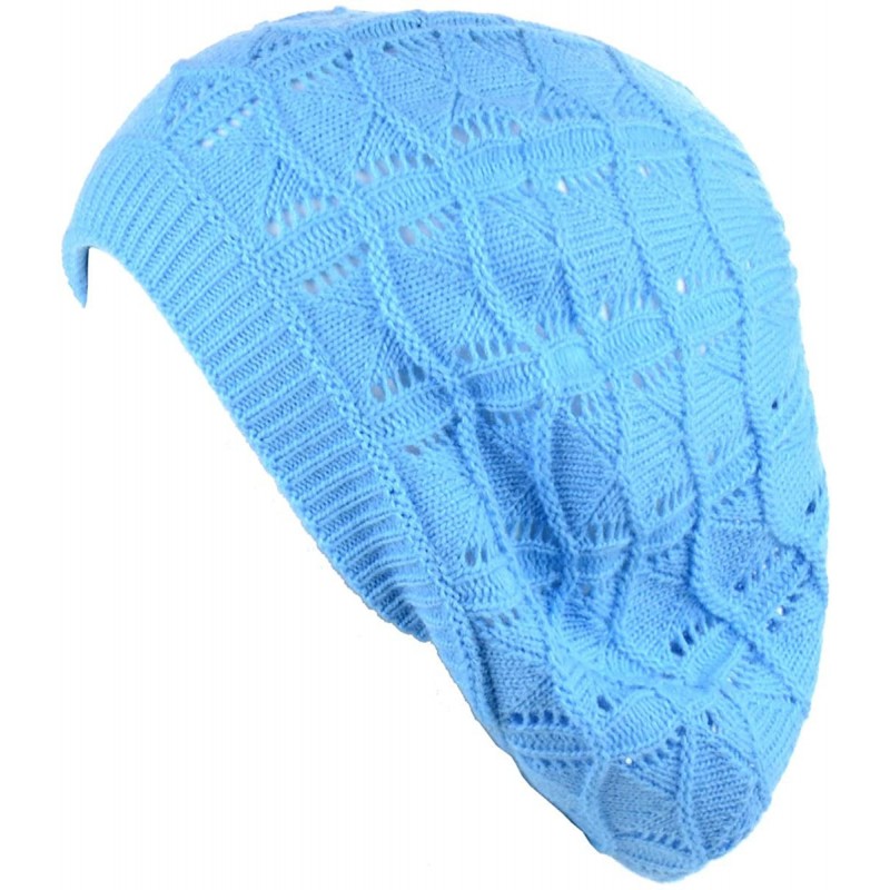 Berets Chic Soft Knit Airy Cutout Lightweight Slouchy Crochet Beret Beanie Hat - Sky Blue Wavy Stripe - C018L3WKO40 $11.23