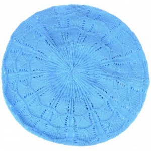 Berets Chic Soft Knit Airy Cutout Lightweight Slouchy Crochet Beret Beanie Hat - Sky Blue Wavy Stripe - C018L3WKO40 $11.23
