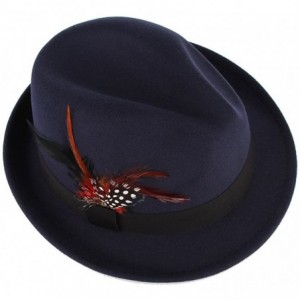 Fedoras Men Wool Felt Trilby Fedora Hat Jazz Cap with Feather - Navy - CE187CQ5W54 $12.04