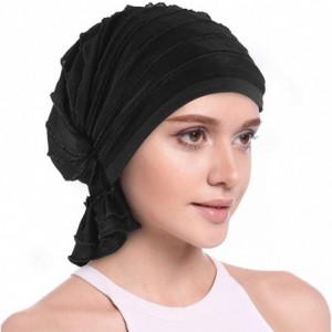 Skullies & Beanies Women Ruffle Chemo Headwear Slip-on Cancer Scarf Stretch Cap Turban for Hair Loss - Basic-black 1 Pair - C...