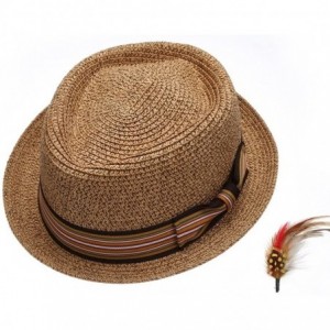 Fedoras Men's Premium Straw Porkpie Fedora Hat - Lt Brown - CA12GXS53H9 $19.61