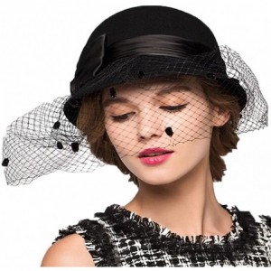 Fedoras Women's Bow Wool Felt Bowler Veil Hat - Black - CX128NIYT81 $60.53