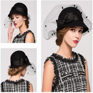 Fedoras Women's Bow Wool Felt Bowler Veil Hat - Black - CX128NIYT81 $38.14