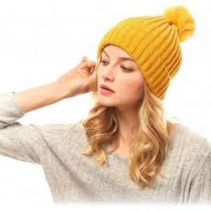 Skullies & Beanies Me Plus Women Fashion Fall Winter Soft Cable Knitted Faux Fur Pom Pom Beanie Hat - Solid Chenille - Mustar...