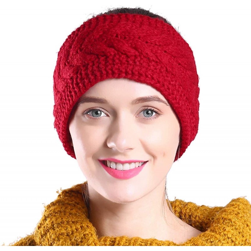 Cold Weather Headbands Fleece Lined Warm Cable Knit Winter Headband for Women Head wrap Ear Warmer - Wine Red - CW18KLWSCAA $...