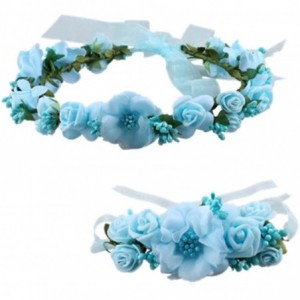 Headbands Rose Flower Crown Wreath Wedding Headband Wrist Band Set - Blue - CX18DOHKYLC $25.45