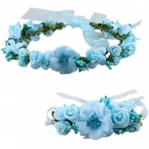 Headbands Rose Flower Crown Wreath Wedding Headband Wrist Band Set - Blue - CX18DOHKYLC $14.67