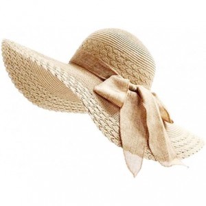 Sun Hats Womens Bowknot Straw Hat Floppy Wide Brim Roll up Sun Hat Beach Cap UPF 50+ - Beige - C1180O4REI8 $16.46