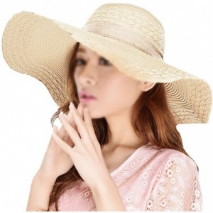 Sun Hats Womens Bowknot Straw Hat Floppy Wide Brim Roll up Sun Hat Beach Cap UPF 50+ - Beige - C1180O4REI8 $16.46