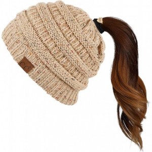Skullies & Beanies Ribbed Confetti Knit Beanie Tail Hat for Adult Bundle Hair Tie (MB-33) - Latte - CL189C0IEOU $9.61