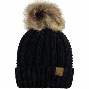 Skullies & Beanies Thick Cable Knit Faux Fuzzy Fur Pom Fleece Lined Skull Cap Cuff Beanie - Black - CV185IYTMCI $27.86