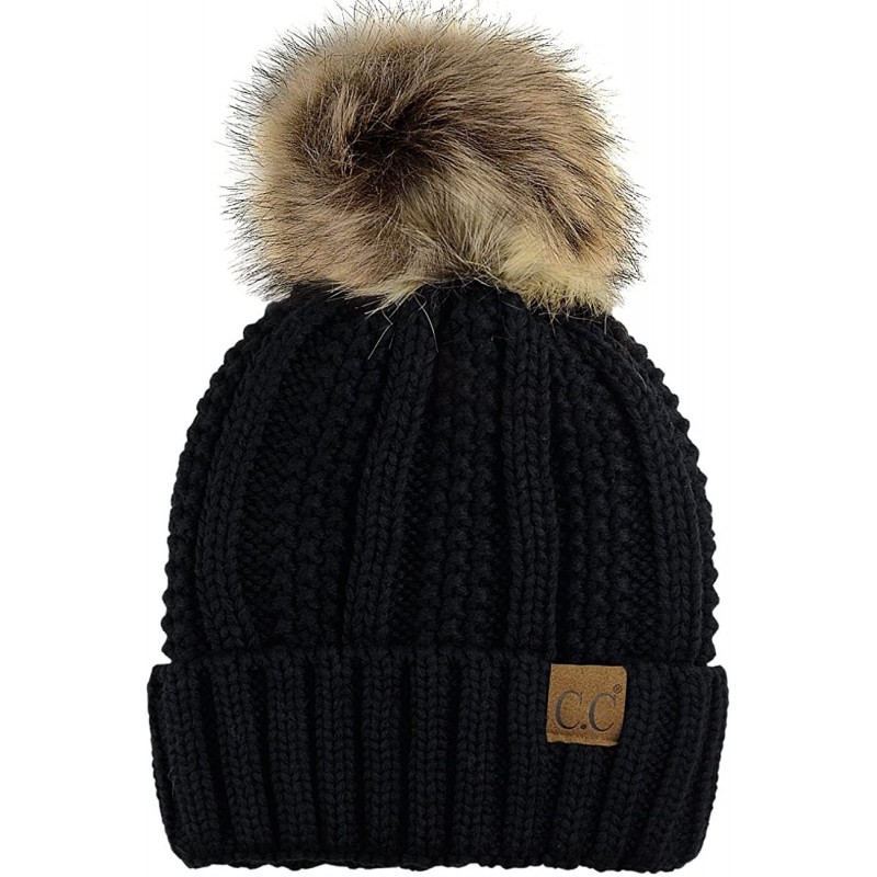 Skullies & Beanies Thick Cable Knit Faux Fuzzy Fur Pom Fleece Lined Skull Cap Cuff Beanie - Black - CV185IYTMCI $16.19