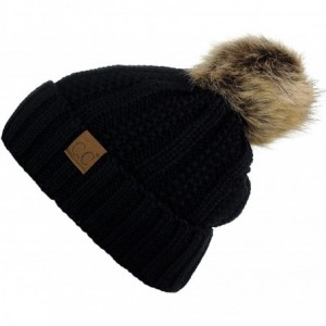 Skullies & Beanies Thick Cable Knit Faux Fuzzy Fur Pom Fleece Lined Skull Cap Cuff Beanie - Black - CV185IYTMCI $16.19