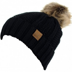 Skullies & Beanies Thick Cable Knit Faux Fuzzy Fur Pom Fleece Lined Skull Cap Cuff Beanie - Black - CV185IYTMCI $16.19