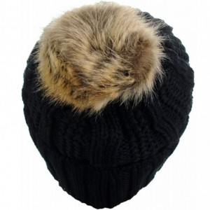 Skullies & Beanies Thick Cable Knit Faux Fuzzy Fur Pom Fleece Lined Skull Cap Cuff Beanie - Black - CV185IYTMCI $16.19