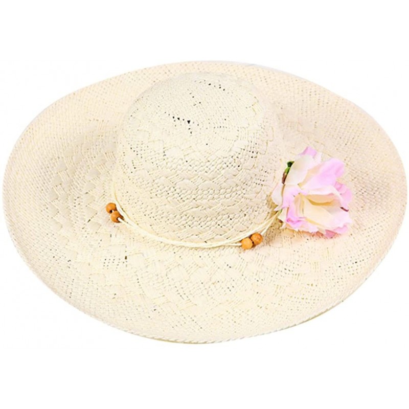 Sun Hats Women Flower Sun Shade Wide Brim Floppy Straw Hat Black FFH047BLK - Beige - CP11FE1S1DF $24.65