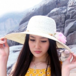 Sun Hats Women Flower Sun Shade Wide Brim Floppy Straw Hat Black FFH047BLK - Beige - CP11FE1S1DF $24.65