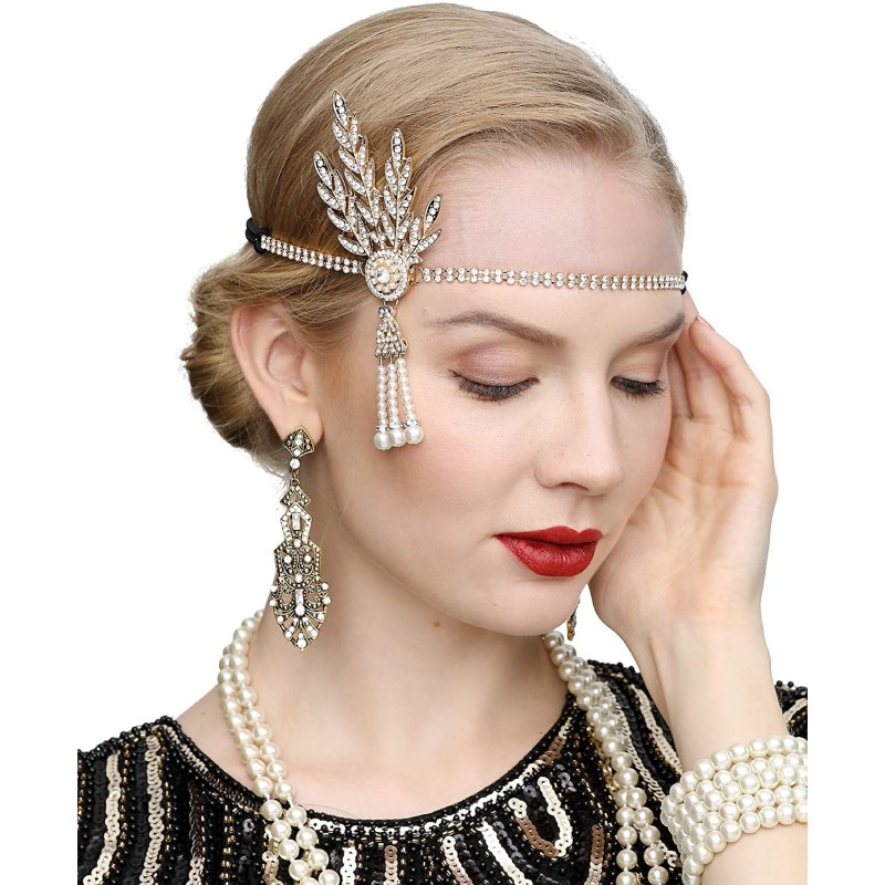 Headbands Art Deco 1920s Flapper Great Gatsby Leaf Wedding Bridal Tiara Pearl Headpiece Headband - Gold - CN12M9AG5XP $15.91