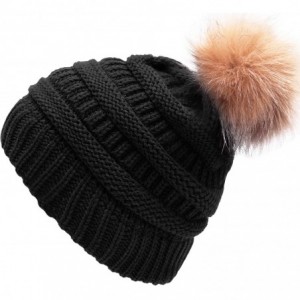 Skullies & Beanies Winter Hats for Womens Knit Slouchy Skullies Beanies Ski Caps with Faux Fur Pom Pom Bobble - Black(fluff B...