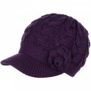 Newsboy Caps Women's Winter Fleece Lined Elegant Flower Cable Knit Newsboy Cabbie Hat - Purple Cable Flower - CP18ZO8Z448 $34.00