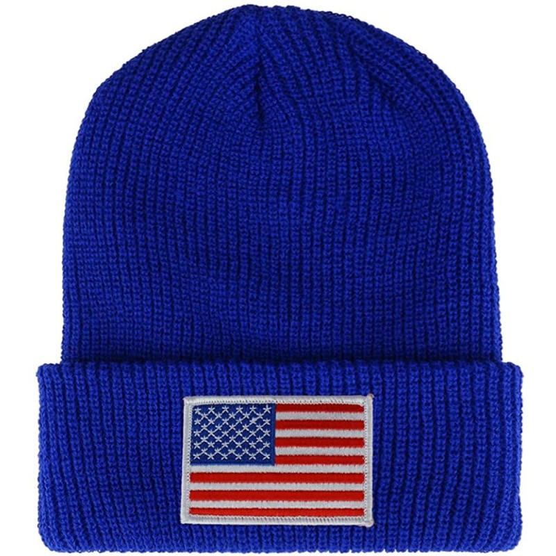 Skullies & Beanies White American Flag Embroidered Patch Ribbed Cuffed Knit Beanie - Royal - CA187GK0SEN $13.70