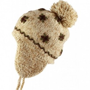 Skullies & Beanies Multi Stripe Knit Pom Pom Handmade Beanie Winter Ski Warm Hat - Flower-beige - C318NNHUY0Q $11.42