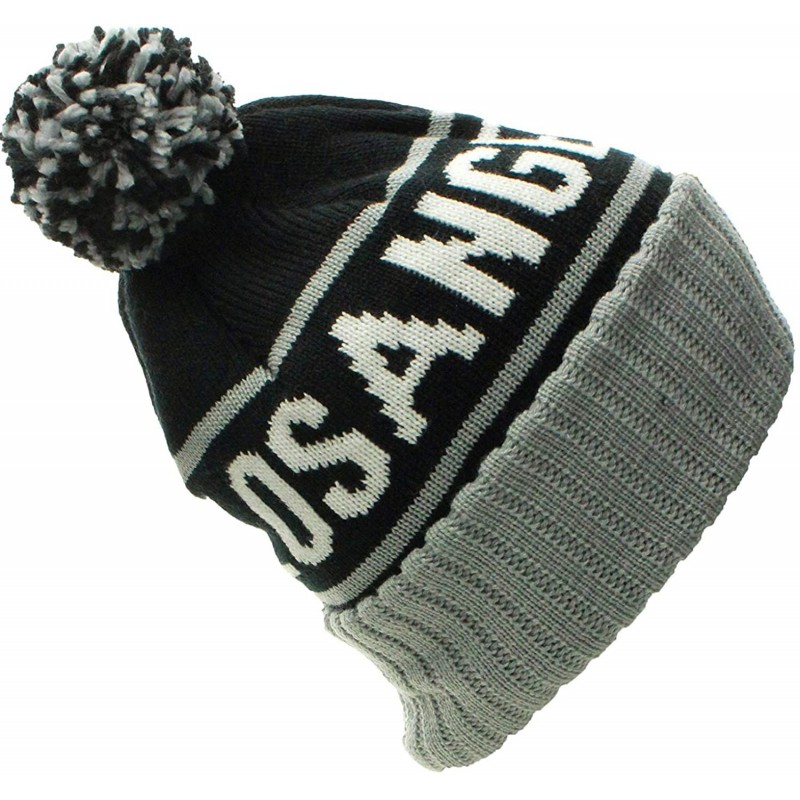 Skullies & Beanies USA Favorite City Cuff Cable Knit Winter Pom Pom Beanie Hat Cap - Los Angeles - Black Gray - C011Q2V5TBN $...