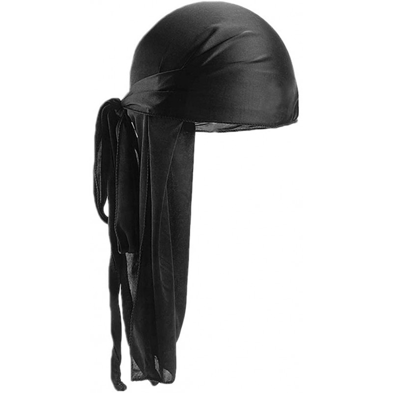 Skullies & Beanies Men Women Durag Extra Long-Tail Headwraps Silky Satin Pirate Cap Bandana Hat for 360 Waves - Black - C218L...
