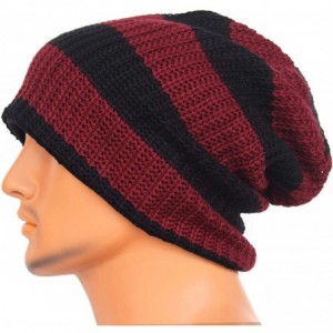 Skullies & Beanies Unisex Beanie Hat Slouchy Knit Cap Skullcap Stripe Baggy Style 1002 - Claret - CC128MYT7K1 $11.39