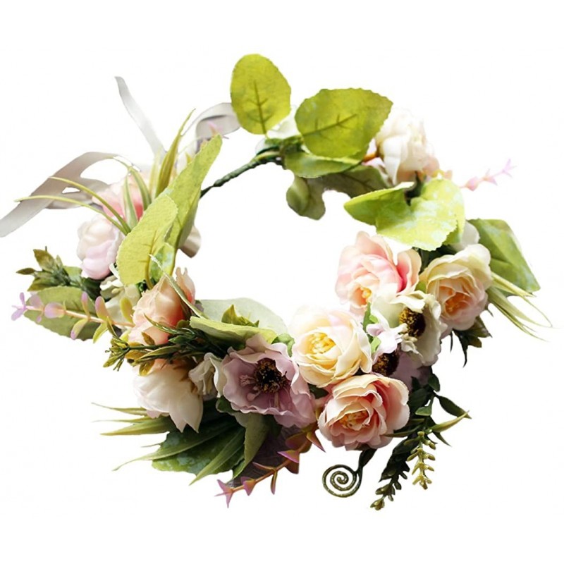 Headbands Adjustable Flower Headband Hair Wreath Floral Garland Crown Halo Headpiece with Ribbon Boho Wedding Festival - F - ...