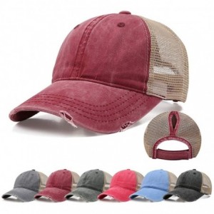 Baseball Caps Ponytail Baseball Cap Retro Washed Cotton Visor Dad Hat Adjustable Trucker Ponycaps - Wine Red - CR18NW4DL76 $1...