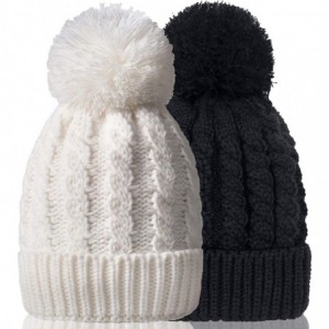 Skullies & Beanies Women's Winter Beanie Warm Fleece Lining - Thick Slouchy Cable Knit Skull Hat Ski Cap - White+black - CC18...