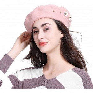 Berets Women's Franch Inspired Wool Felt Beret Hat Bow/Rivet/Floral Appliqued - Floral-pink - CZ187QE6M8S $15.03