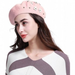 Berets Women's Franch Inspired Wool Felt Beret Hat Bow/Rivet/Floral Appliqued - Floral-pink - CZ187QE6M8S $15.03