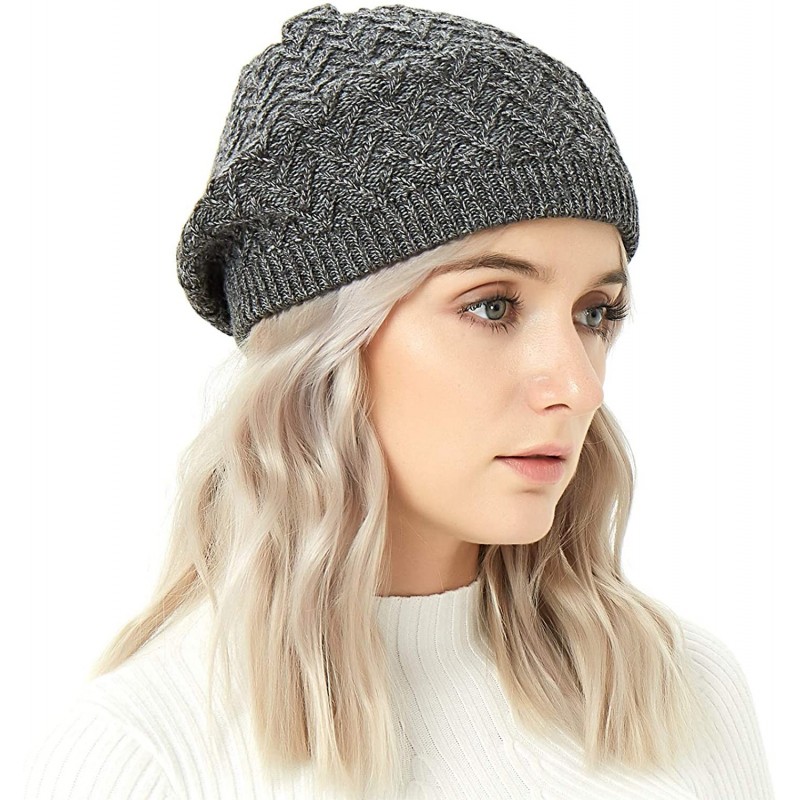 Berets Merino Wool Beret Hat - Women Knitted Braided Crochet Chic French Beanie - Black & Gray - C318INZLO3H $19.82