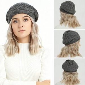 Berets Merino Wool Beret Hat - Women Knitted Braided Crochet Chic French Beanie - Black & Gray - C318INZLO3H $19.82