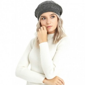 Berets Merino Wool Beret Hat - Women Knitted Braided Crochet Chic French Beanie - Black & Gray - C318INZLO3H $19.82