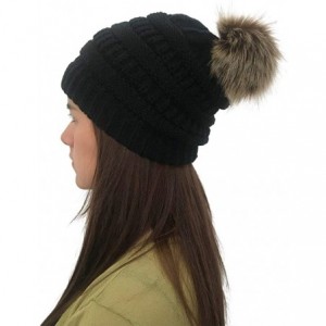 Skullies & Beanies Womens Winter Knitted Beanie Hat with Faux Fur Warm Knit Skull Cap Beanie - 02-black - CB193MRUCWN $11.16