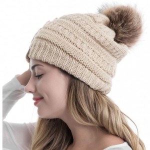 Skullies & Beanies Women Winter Knit Warm Beanie with Faux Fur Pompom Soft Chunky Baggy Skull Ski Cap - Beige - CT18ZR3KXKL $...