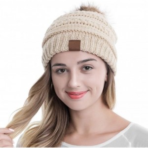 Skullies & Beanies Women Winter Knit Warm Beanie with Faux Fur Pompom Soft Chunky Baggy Skull Ski Cap - Beige - CT18ZR3KXKL $...