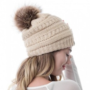 Skullies & Beanies Women Winter Knit Warm Beanie with Faux Fur Pompom Soft Chunky Baggy Skull Ski Cap - Beige - CT18ZR3KXKL $...